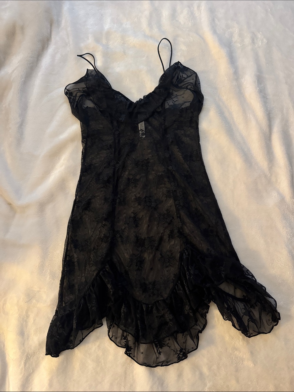 wild fable Black Sheer Lace Chemise with Ruffle Hem